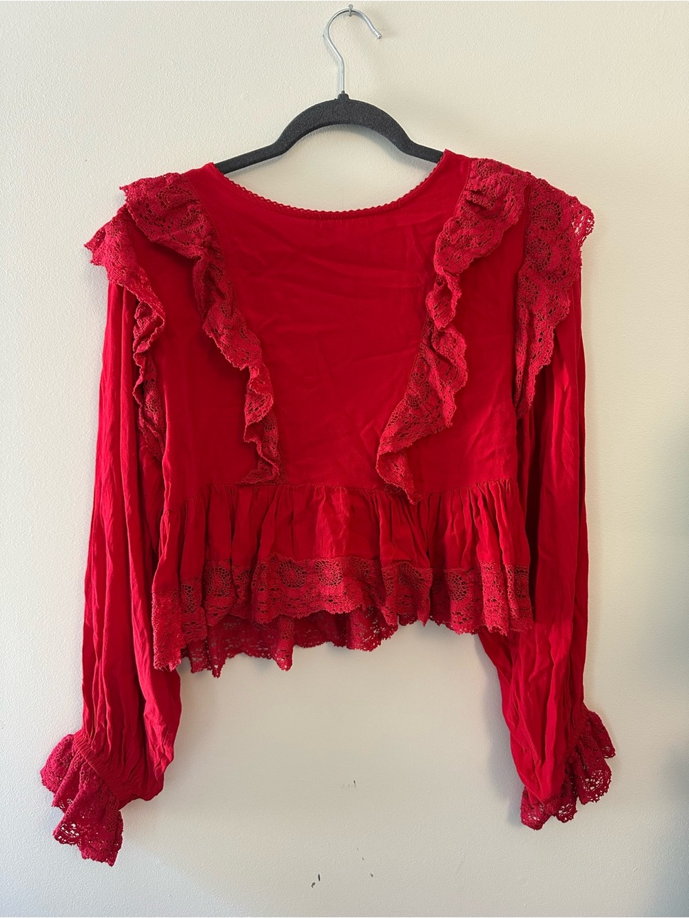 Free People Red Lace Ruffle Peplum Blouse